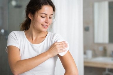 Смочите ватку и протрите подмышки - блокирует запах пота на весь день