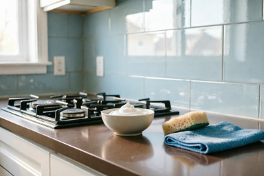 Хитрую смесь нанесла на налет — кухонный фартук сияет чистотой: ни капли жира даже между швов