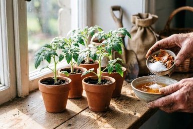 Луковую шелуху не выкидываю — смешиваю 1:1:1 для апрельской рассады, стебли толстые, как черенок лопаты