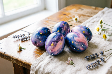 Космические яйца на Пасху за 7 минут: краситель, губка, блестки — сверкают ярче Млечного пути