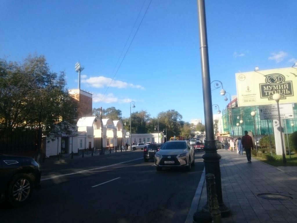 Припаркованный Лексус на полосе встречного движения в центре Владивостока. В 100 метрах стоит экипаж ГИБДД