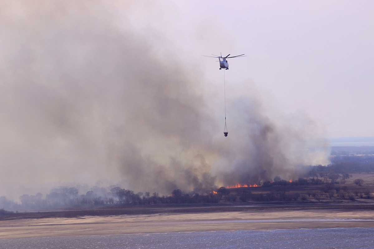 Ликвидация возгорания с вертолета на левом берегу Корр. ИА AmurMedia