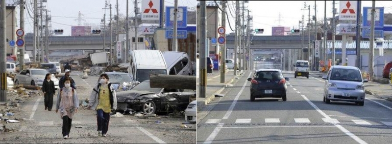 На улицах городка Офунато в префектуре Ивате: март 2011 и январь 2012