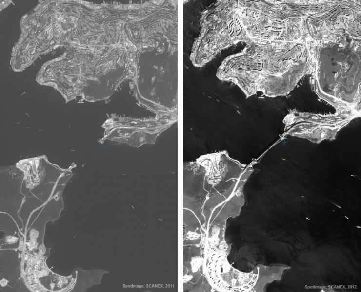 Спутниковые снимки моста на остров Русский