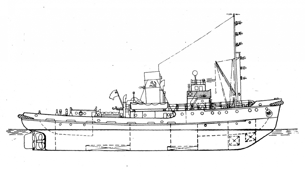 Буксирный морской пароход. Проект Фин-800. Вид сбоку