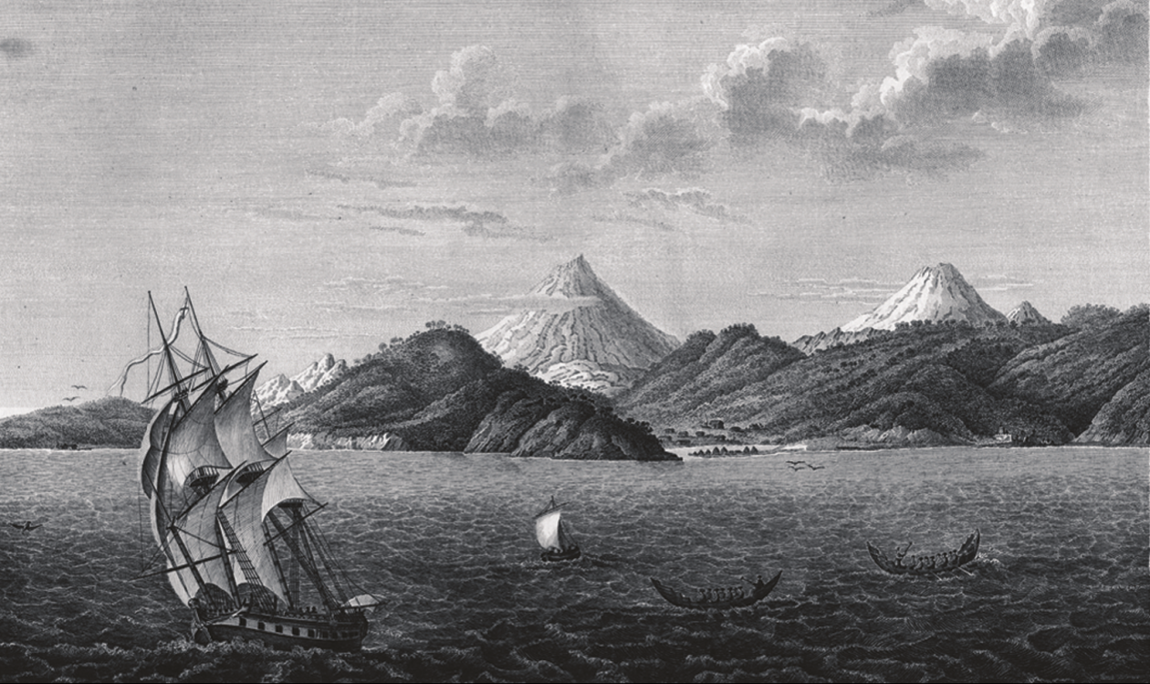 Вид гавани Петра и Павла со стороны моря. Гравюра 1813 года по рисунку Тилезиуса 1805 г.