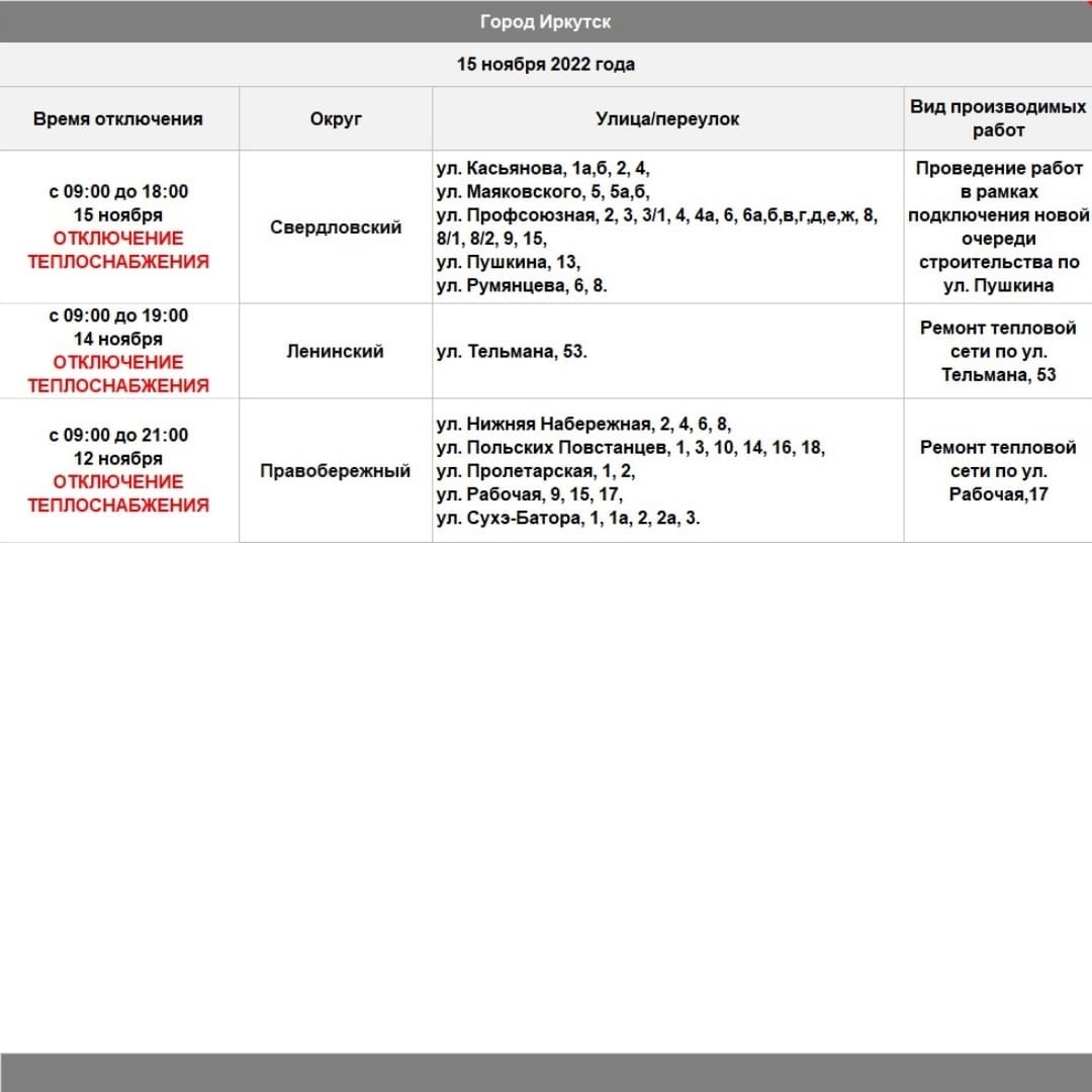 Отопление частично отключат в Иркутске 15 ноября - IrkutskMedia.ru