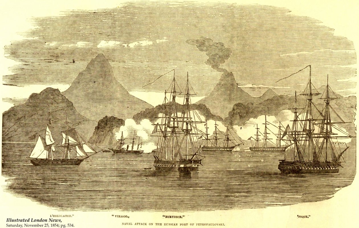 Морская атака на русский форт Петропавловск Рисунок, опубликованный в газете The Illustrated London News 25 ноября 1854 года