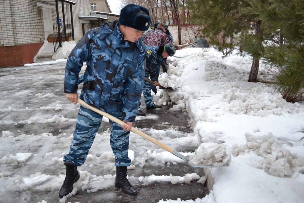 Сотрудники ОВО чистят снег у здания службы, Фото с места события из других источников