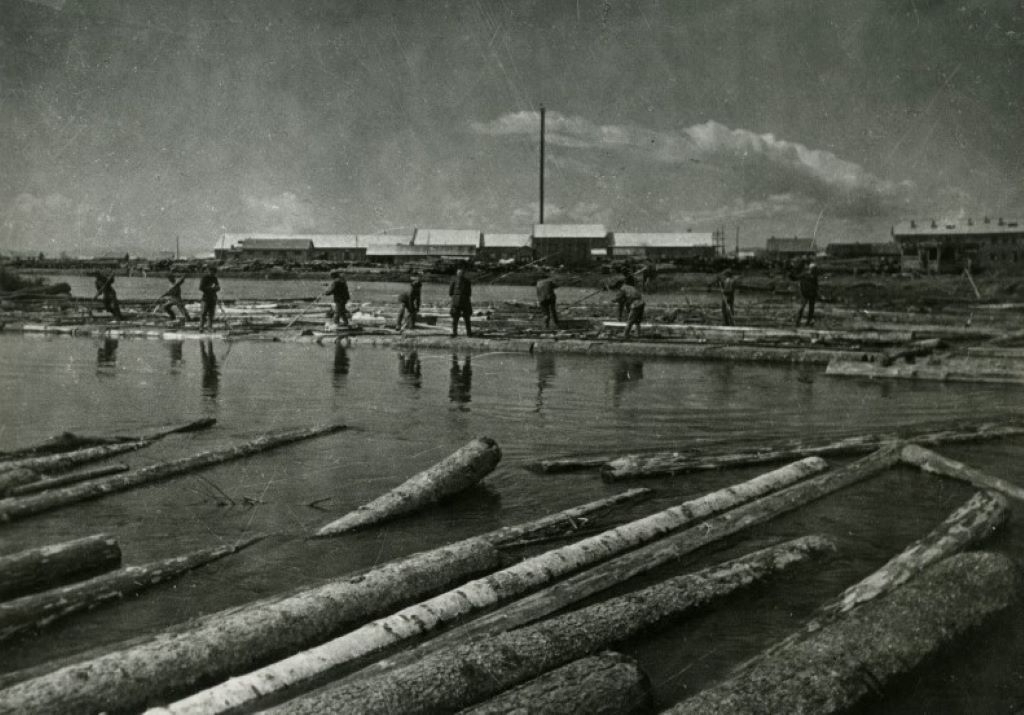 Сплав леса на реке Малая Бира у фанерного завода. 1937 г. Госархив ЕАО