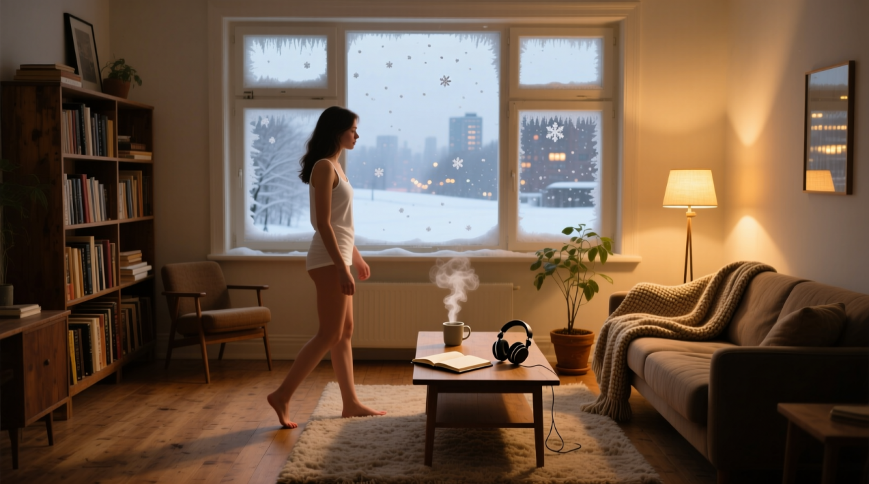 Подвинули диван на 15 см, и дома намного теплее - за окном зима, а мы в майках ИИ Qwen (18+)