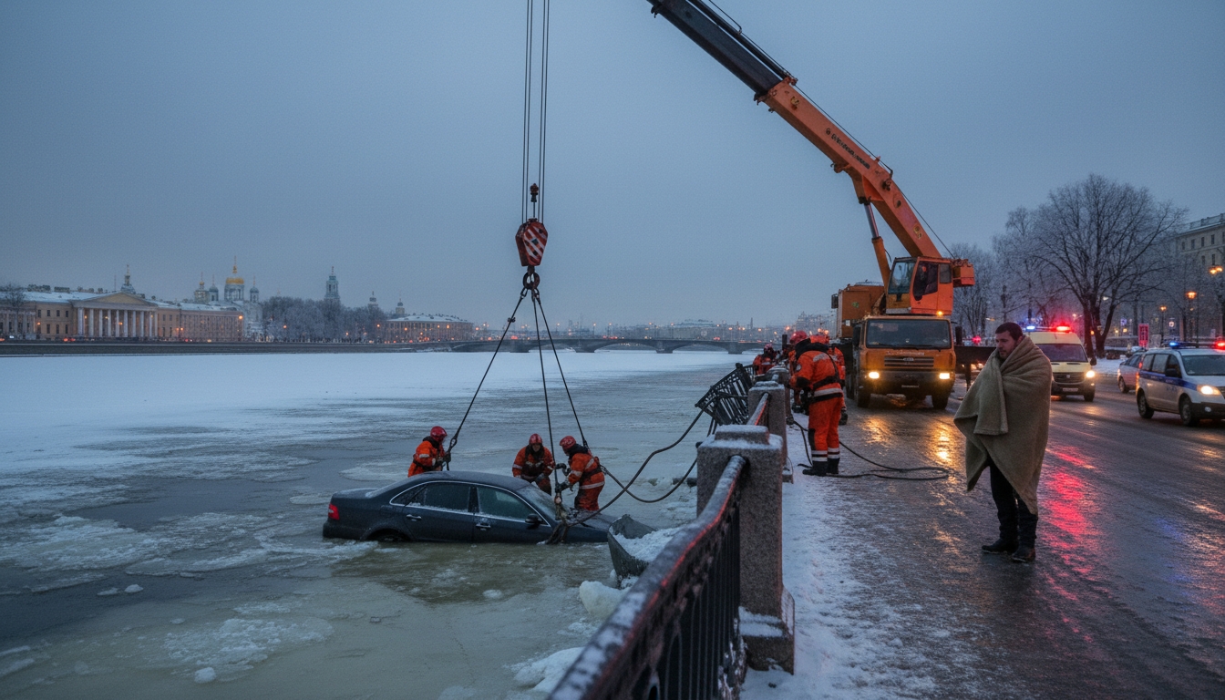 Автомобиль с двумя мужчинами упал в Неву на Васильевском острове Сгенерировано