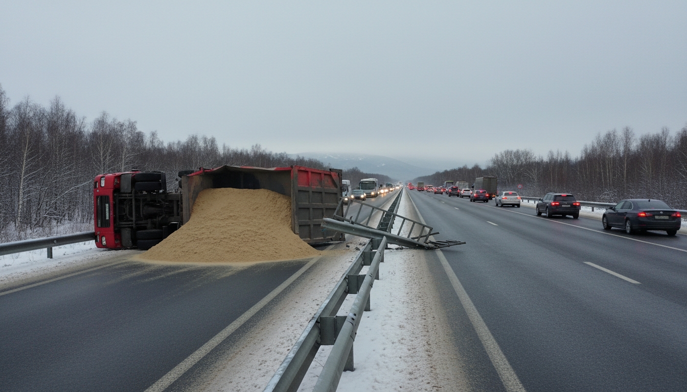 Самосвал с песком опрокинулся на КАД и устроил пробку Сгенерировано