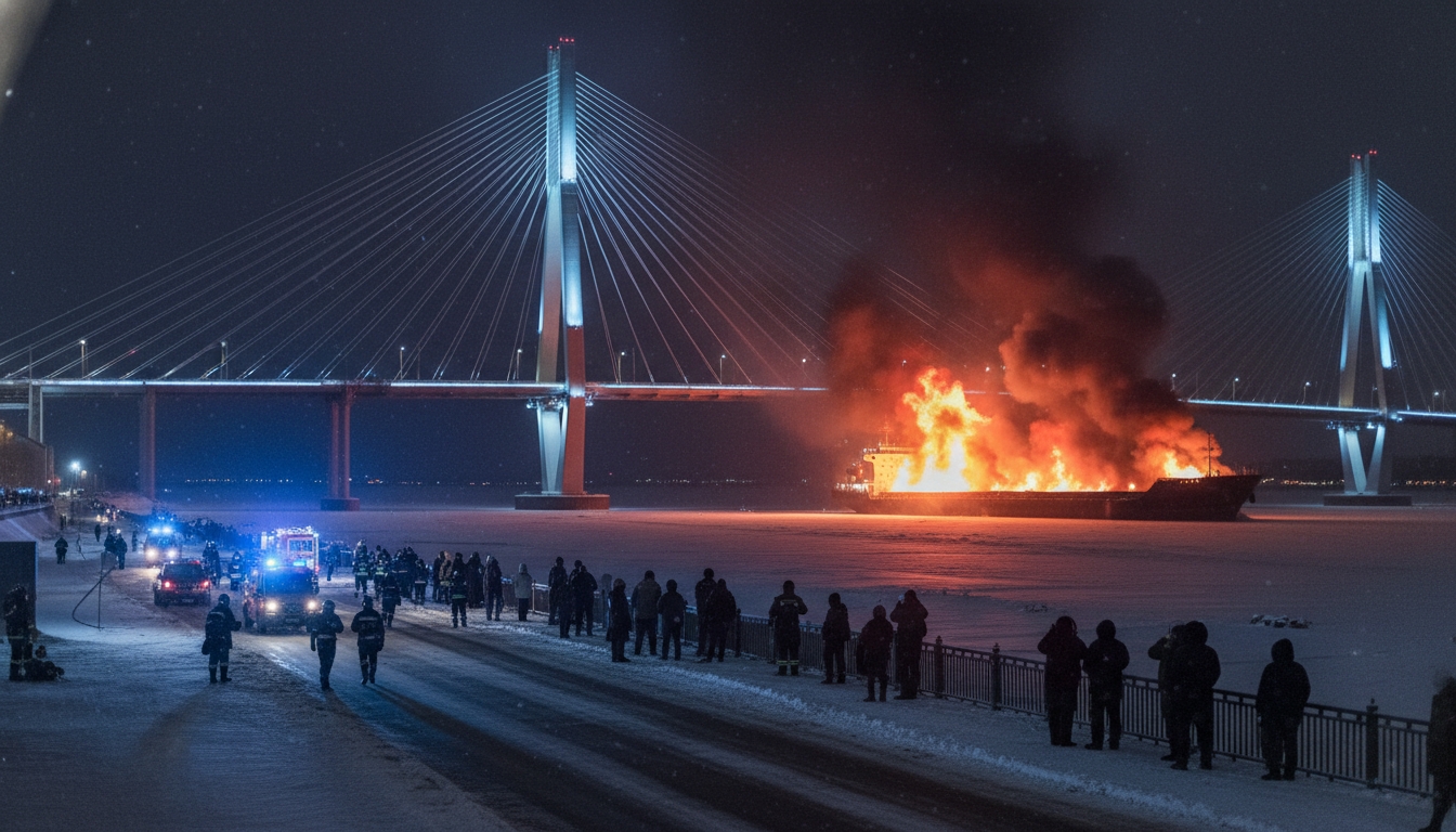 Пожар на судне под Большим Обуховским мостом Сгенерировано