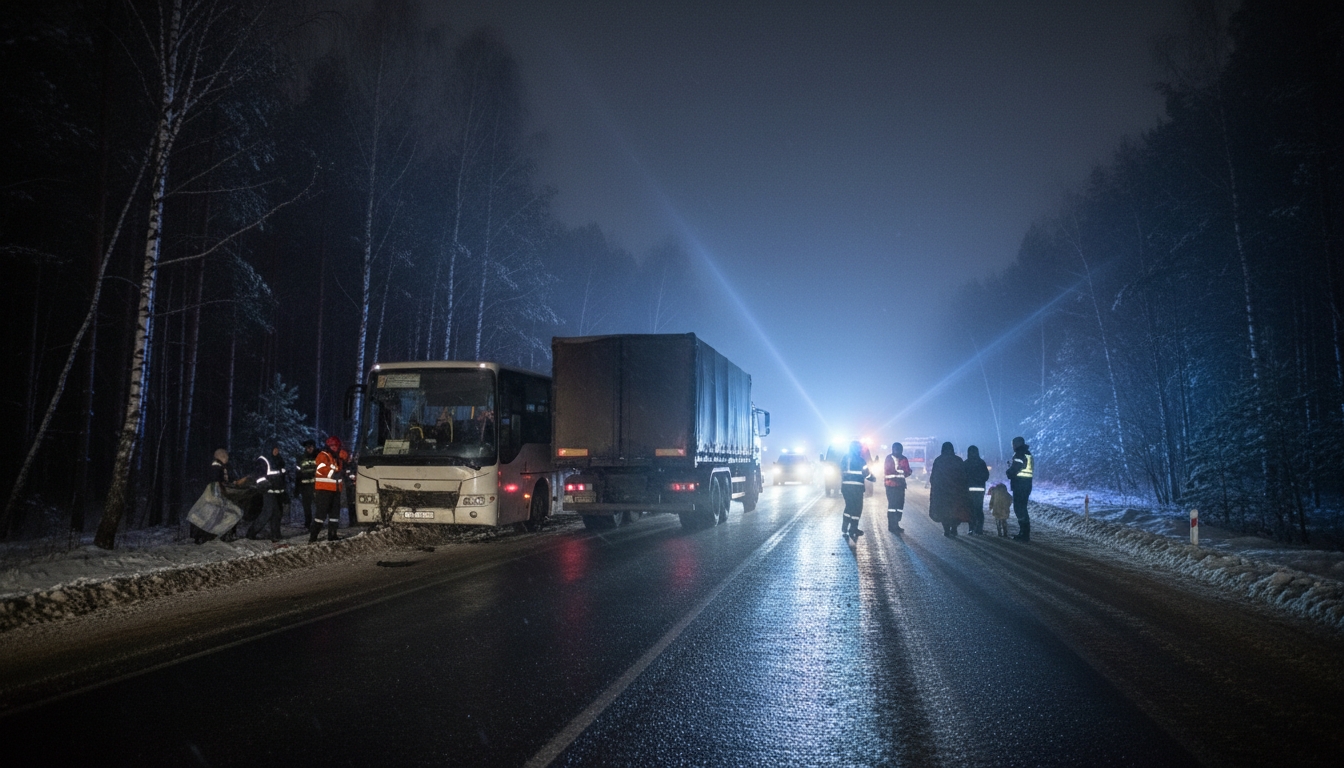 Пять пострадавших после аварии автобуса на трассе в Ленобласти Сгенерировано