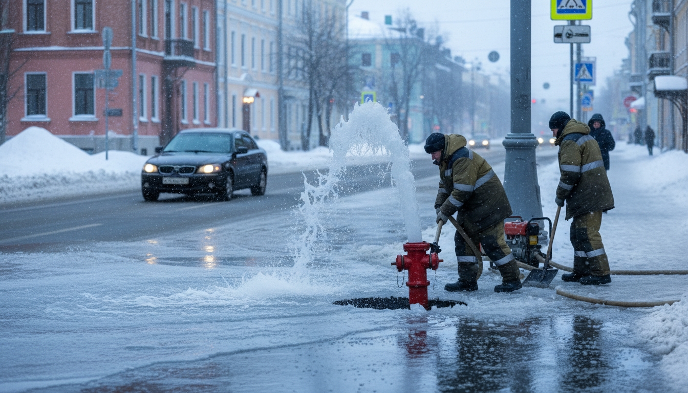 Потоп на Байконурской улице превратил дорогу в ледяной каток Сгенерировано