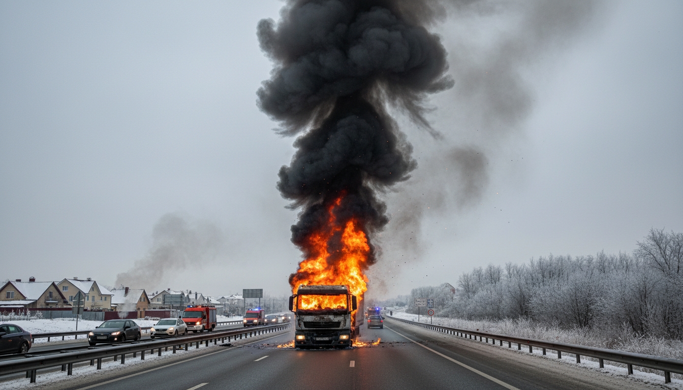 Грузовик загорелся на КАДе у Обухово Сгенерировано