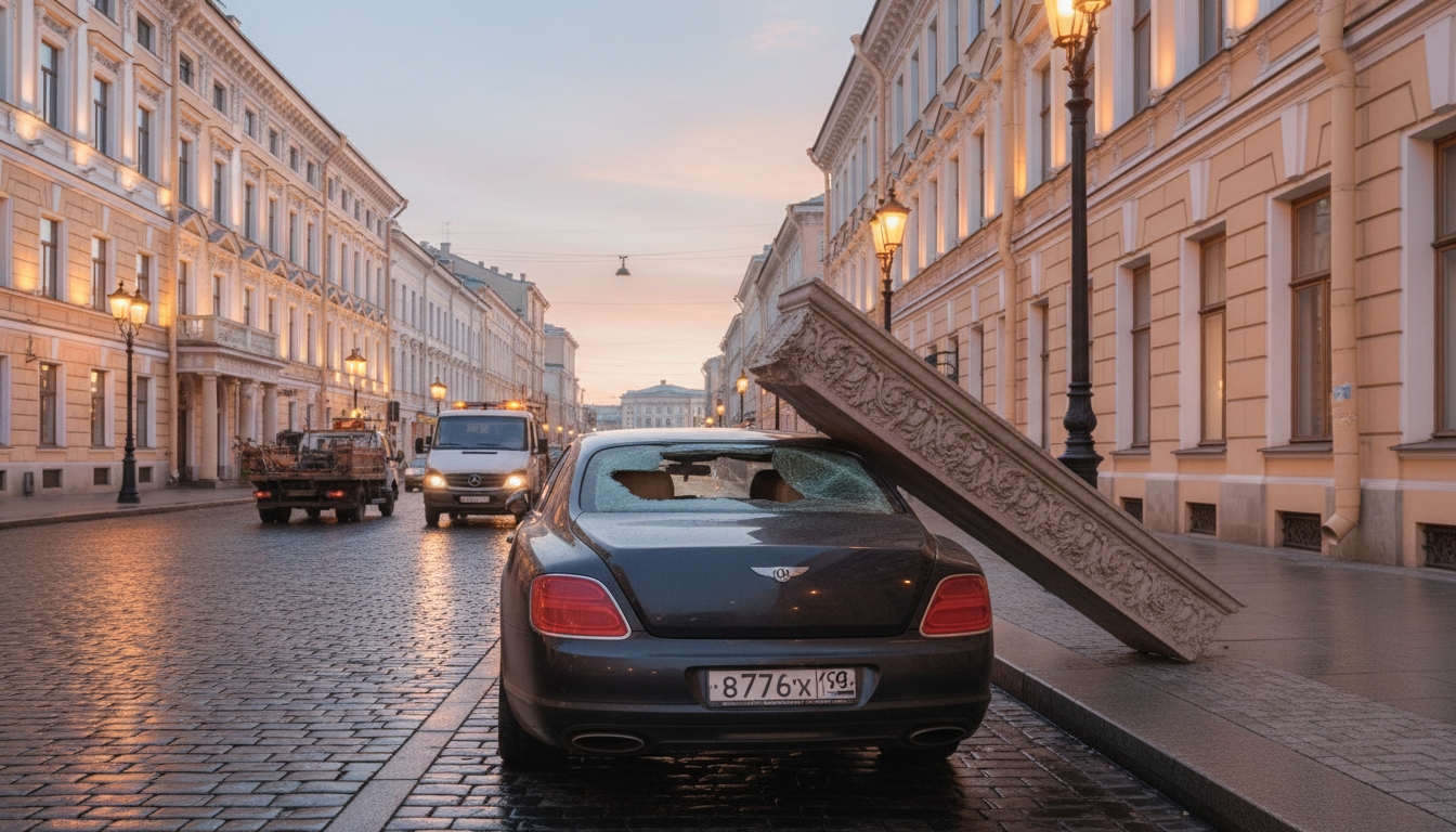 В центре Петербурга обрушился фасад и повредил Mercedes Сгенерировано