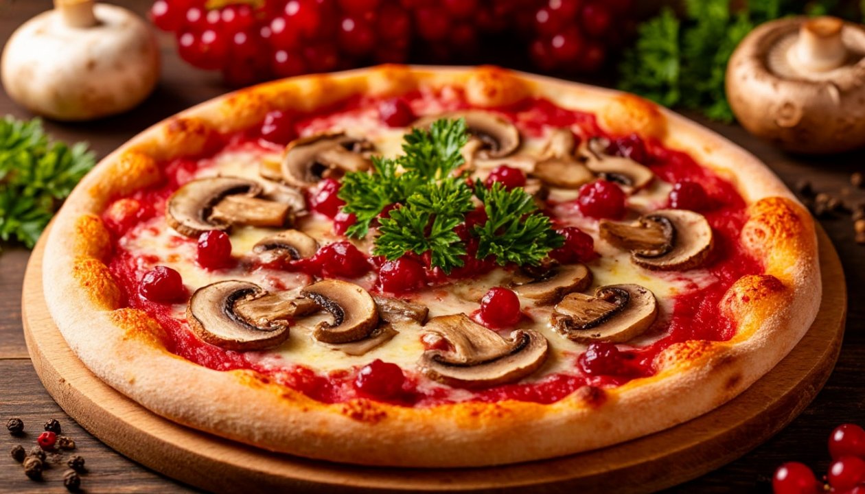 Кусочек Италии на вашей кухне за 15 минут: рецепт потрясающей домашней пиццы &quotЛесная поляна с грибами и брусничным соусом&quot ИИ Кандинский (18+)