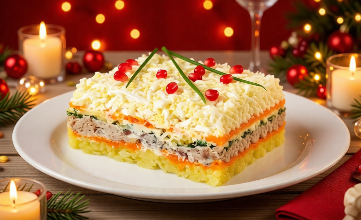 Тру овощи и открываю банку консервов: рецепт самого нежного слоеного салата, который тает во рту ИИ Qwen