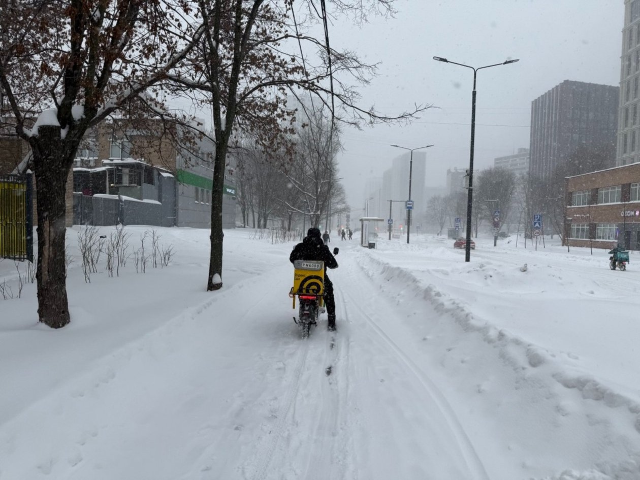 Курьер в снегопад в Москве ИА StolicaMedia
