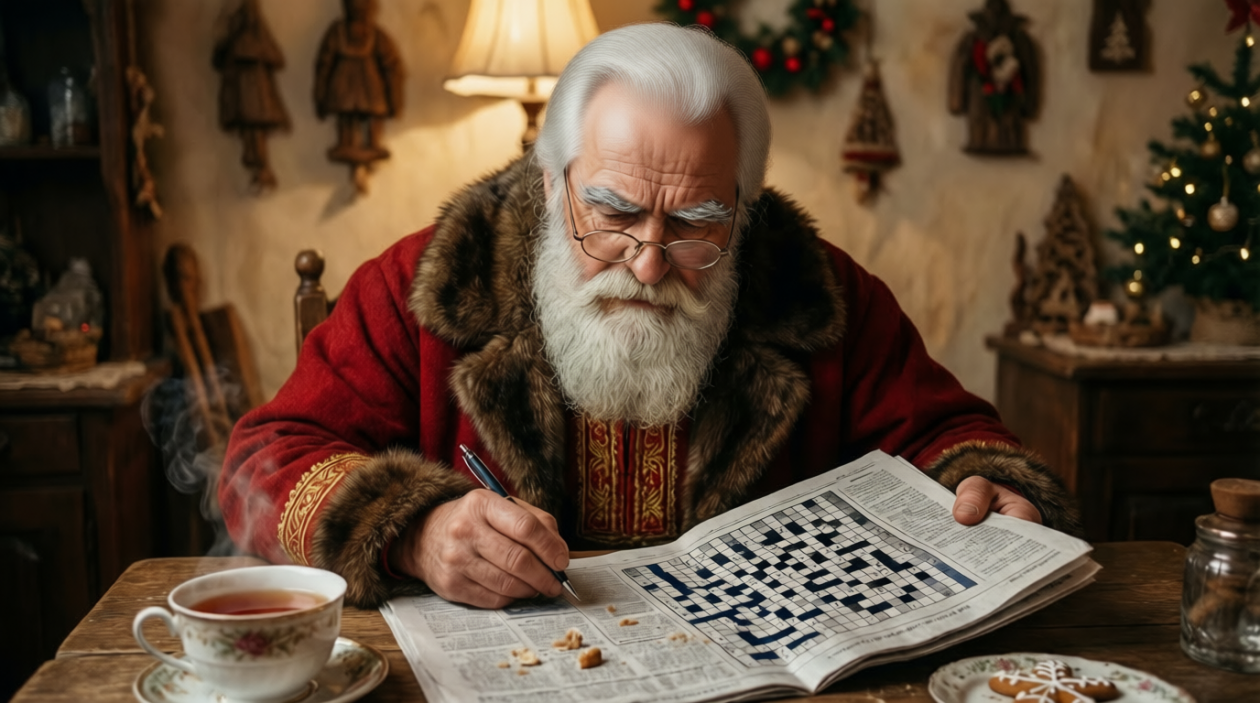 Дед Мороз решает кроссворд сгенерировано ИИ Qwenlm.ai (18+)