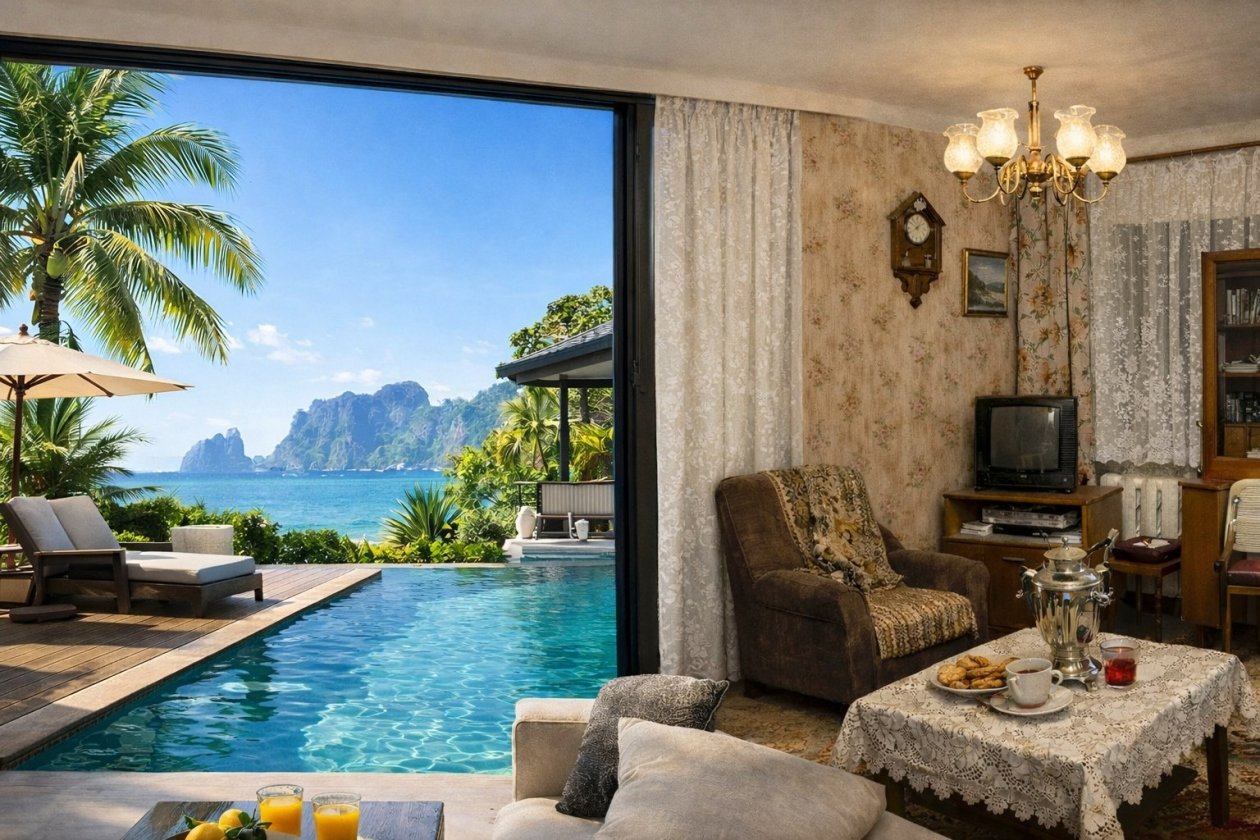 В Сети уверяют, что элитное жилье в Тае стоит так же, как хрущевка в Хабаровске Коллаж, сгенерировано chat.qwen.ai