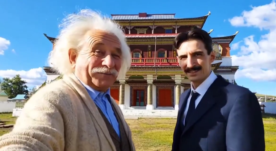 Сгенерированные ИИ Тесла и Энштейн Кадр из видео Максима Кандыкова