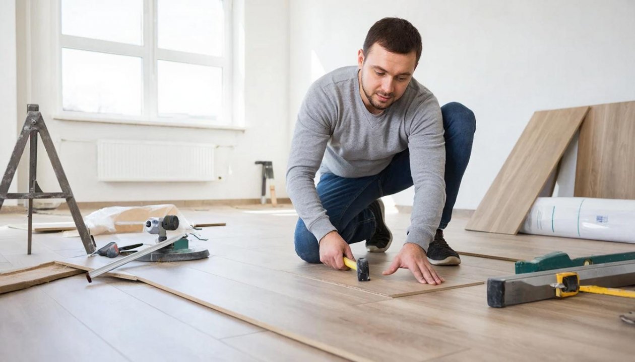 Копеечная замена ламината: пол тёплый даже в ванной - стелить 5 минут, а служит вечно ИИ Kandinsky (18+)