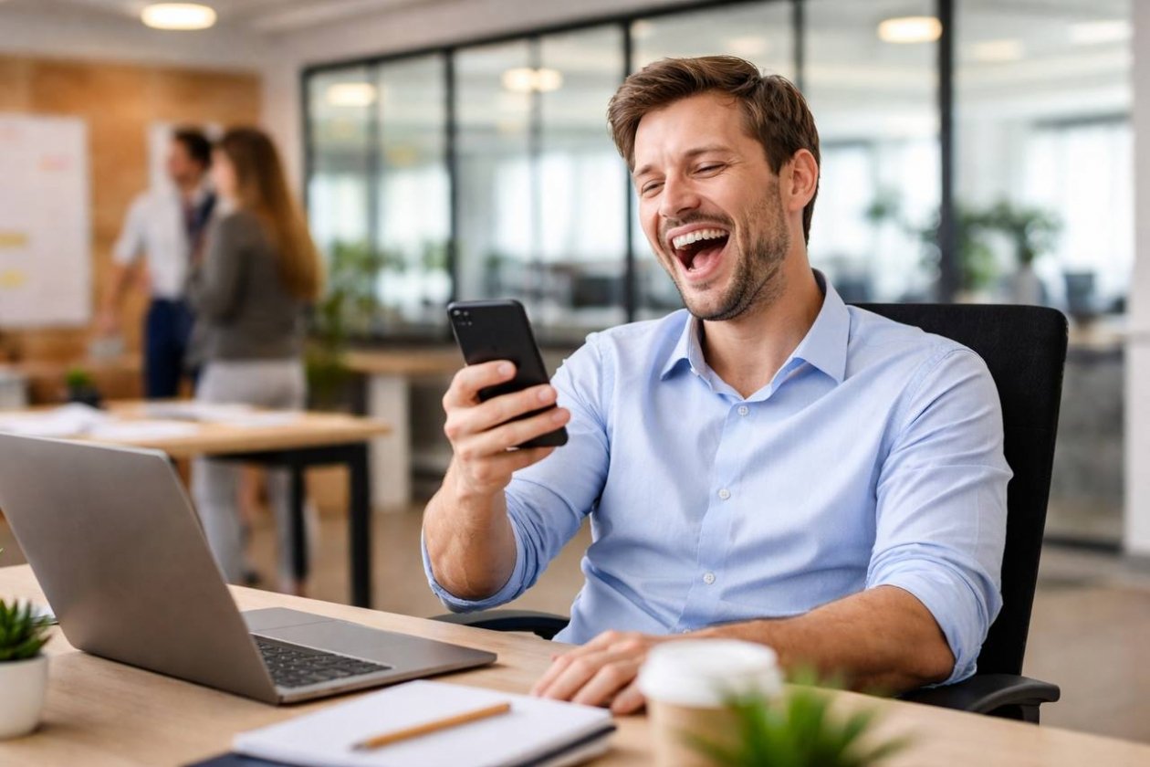 Человек смеется за компьютером