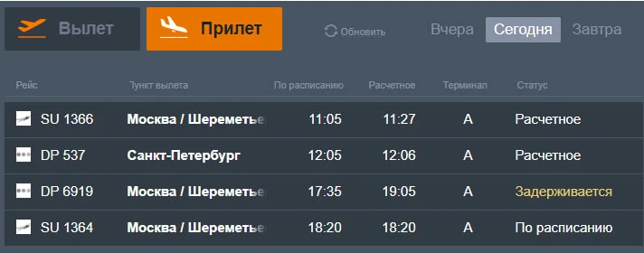 Онлайн-табло аэропорта Ставрополя