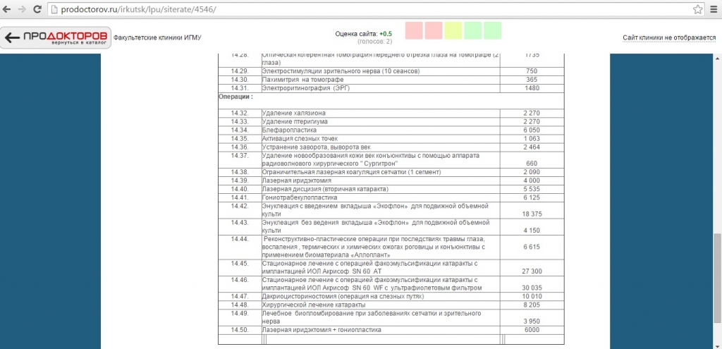 Цены на услуги клиники глазных болезней скриншот