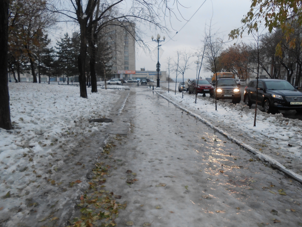 Дорожки покрылись льдом в Хабаровске