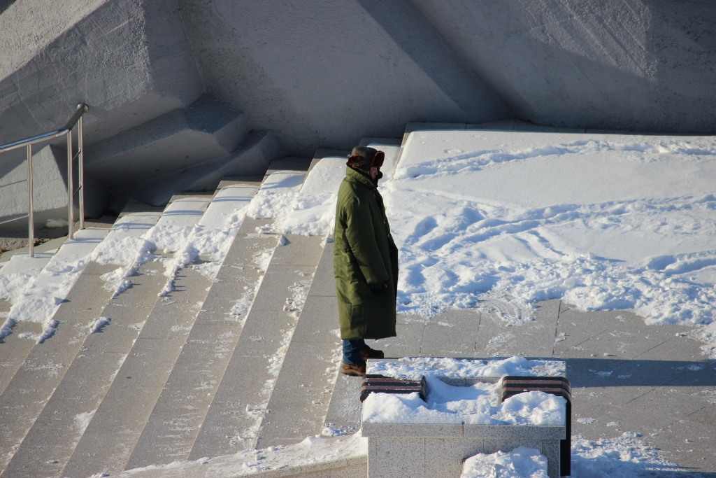 Замерзшие охранники пристально озираются по сторонам.