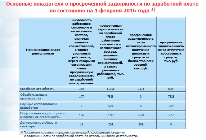 Просроченная зарплата в ЕАО на 1.02.2016