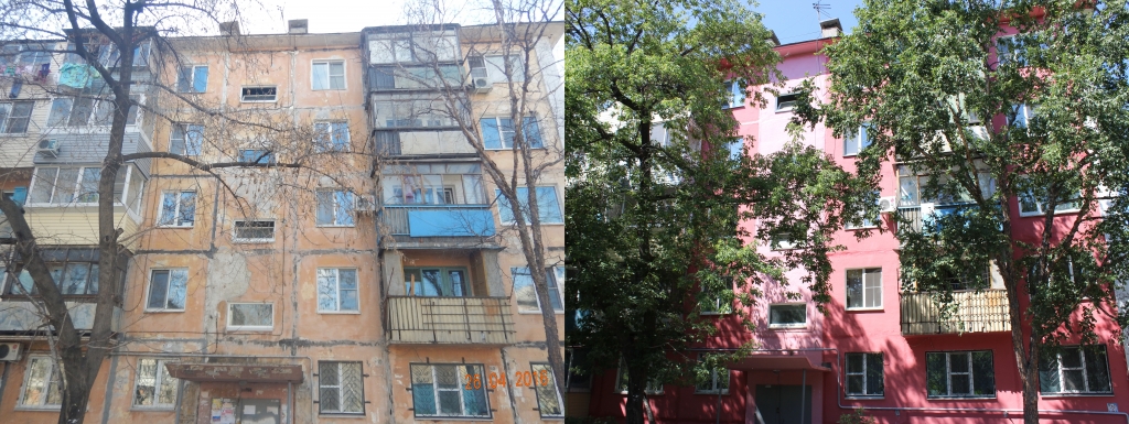 Фасад дома до (слева) и после (справа) проведения ремонтных работ