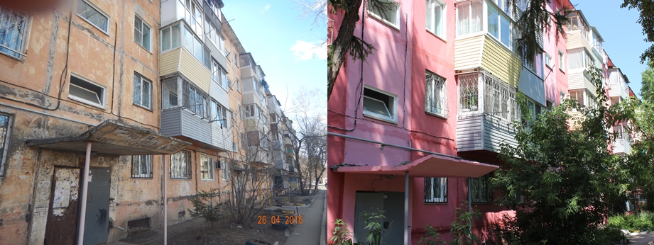 Фасад дома до (слева) и после (справа) проведения ремонтных работ