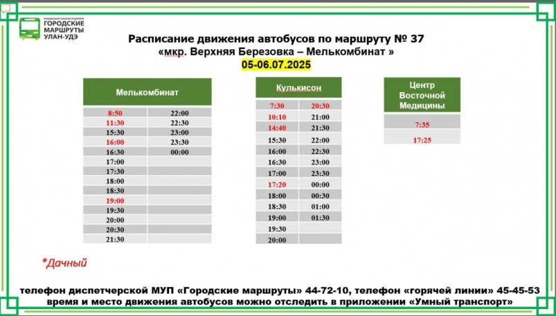 График работы маршрута №37 МУП "Городские маршруты"