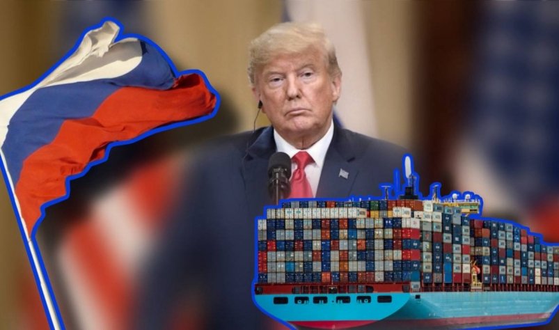 Президент США Дональд Трамп, флаг России и сухогруз Коллаж Kremlin.ru и unsplash.com