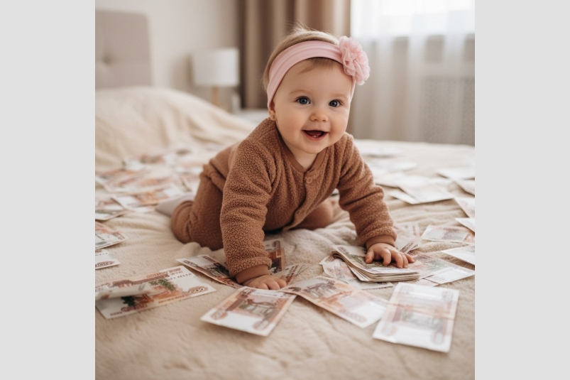 Радостный младенец среди полученных пособий Perplexity (12+)