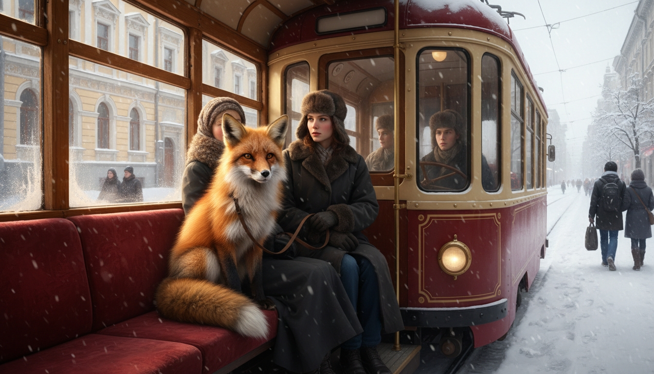 Лиса прокатилась на трамвае в Петербурге Сгенерировано