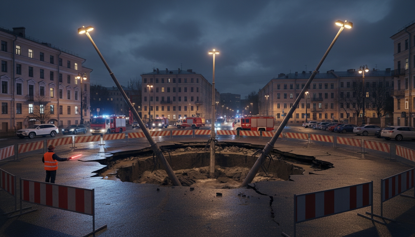 Провал грунта повредил фонари на улице Академика Константинова Сгенерировано