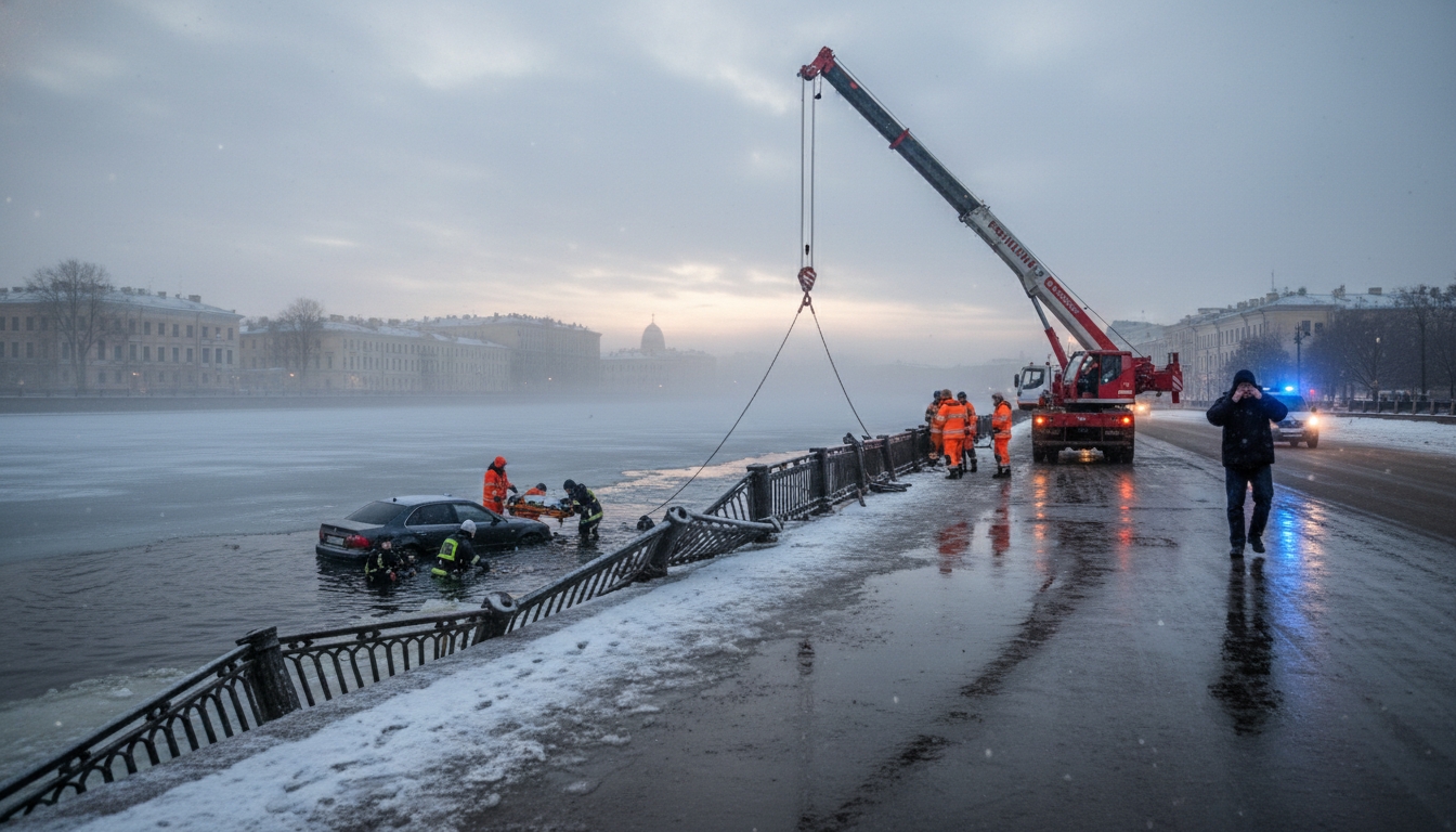 Автомобиль упал в Неву на Васильевском острове: один погиб, второй выжил Сгенерировано