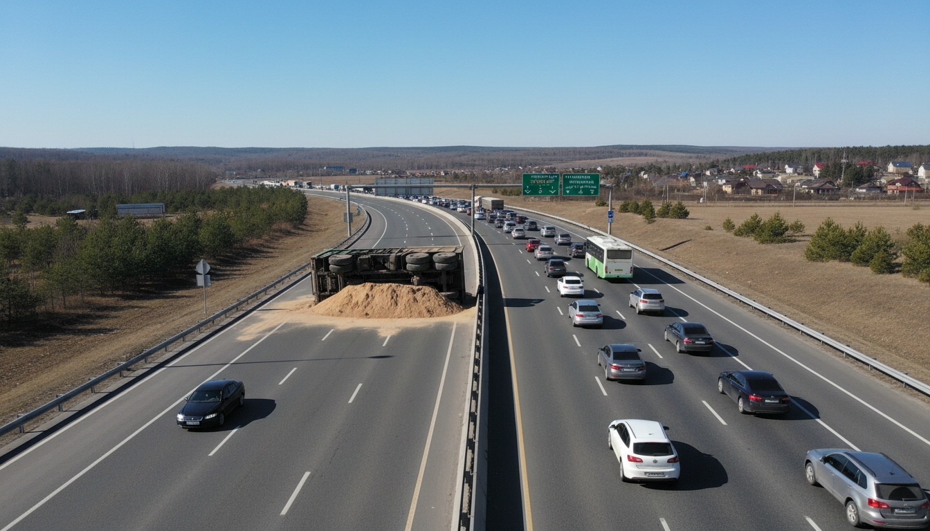 Самосвал с песком перевернулся на КАД, образовалась пробка Сгенерировано