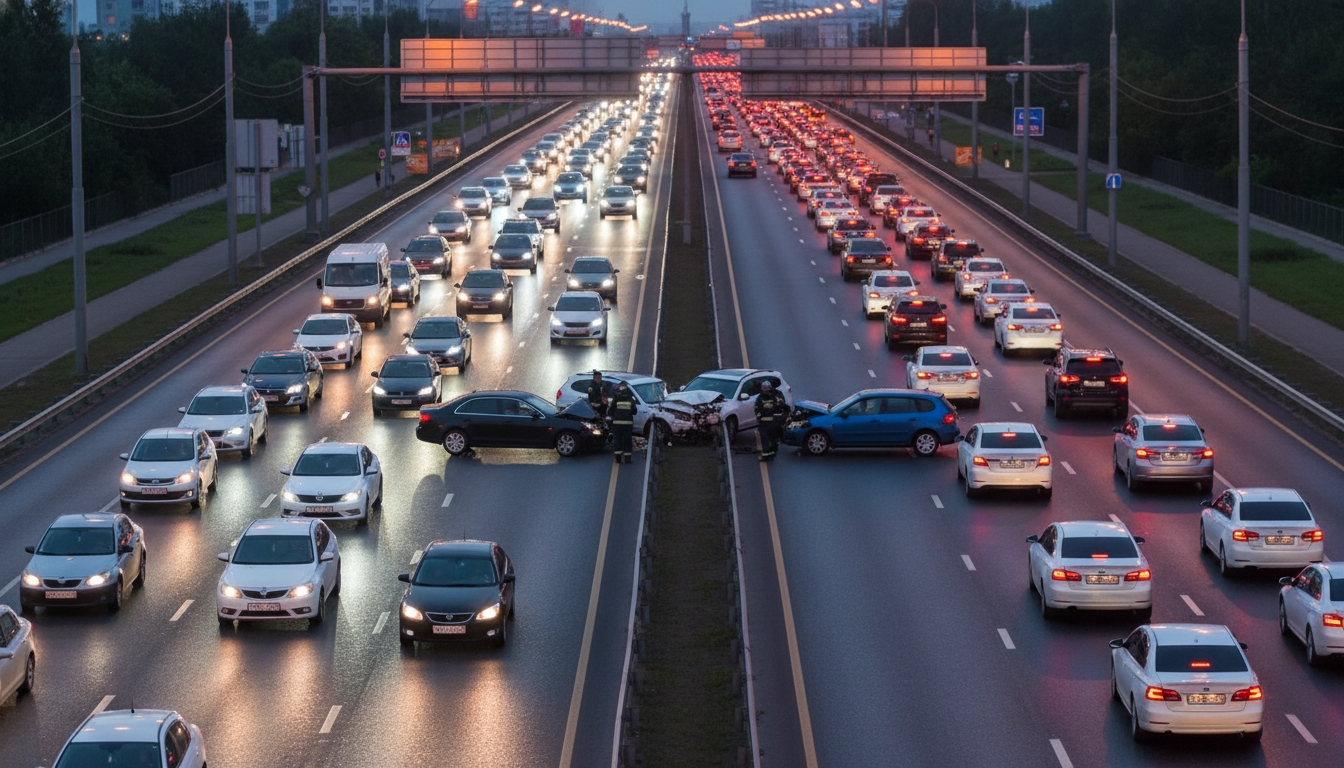 Четыре авто столкнулись на КАД — движение парализовано Сгенерировано