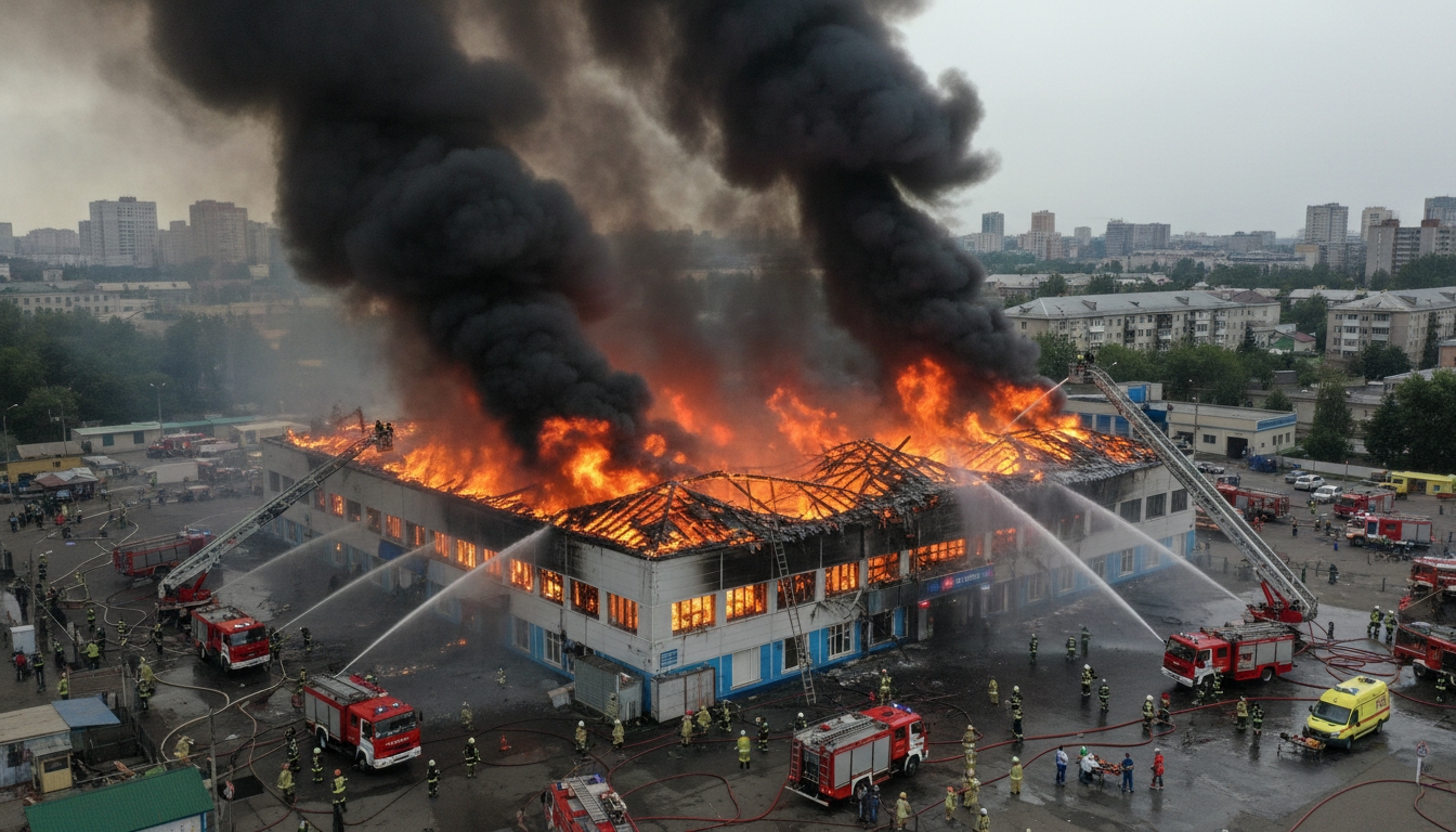 Масштабный пожар охватил Правобережный рынок в Петербурге Сгенерировано