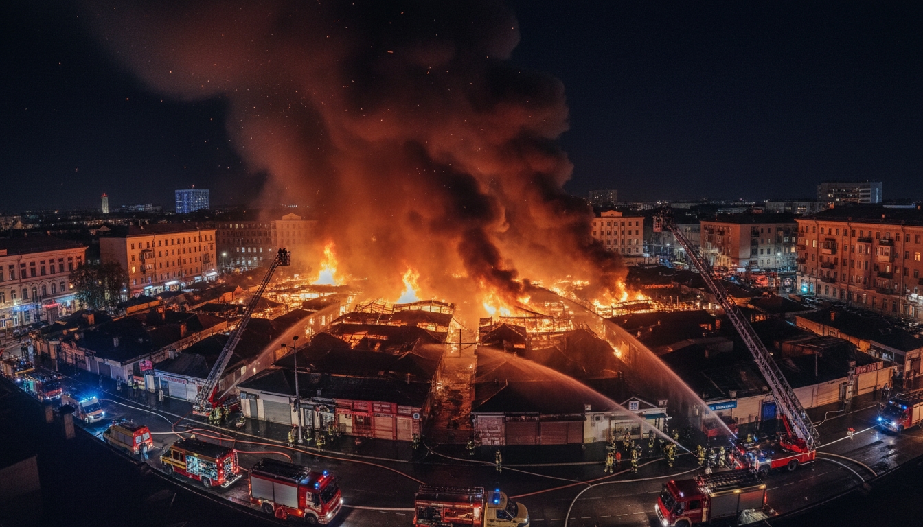 Пожар на рынке в Петербурге охватил 1500 кв. метров Сгенерировано