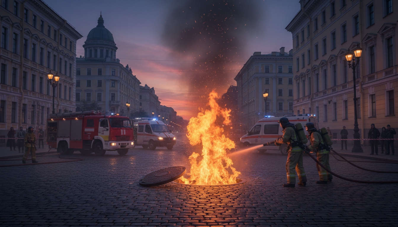 Пламя вырвалось из люка на перекрёстке в Петербурге Сгенерировано