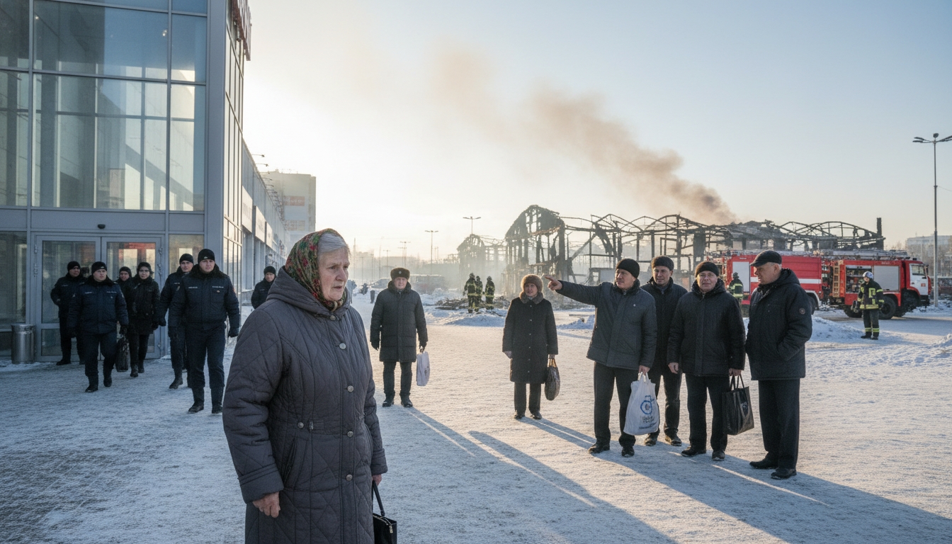 Эвакуация в торговом центре и последствия пожара на рынке Сгенерировано