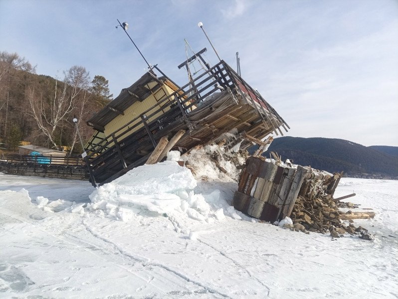 Перевернутый причал на Байкале под угрозой - для его спасения подпилят лед сайт Лимнологического института СО РАН